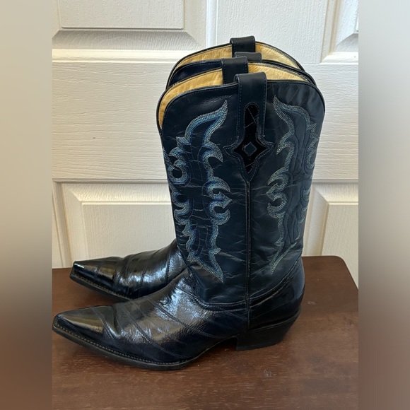 Je-Ver Cowboy Boots Men's 9.5 Leather Embroidered Western Pointed Navy Boots - Picture 7 of 16